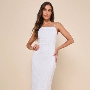 Celebratory Beauty White Mesh Embroidered Lace-Up Midi Dress Large
